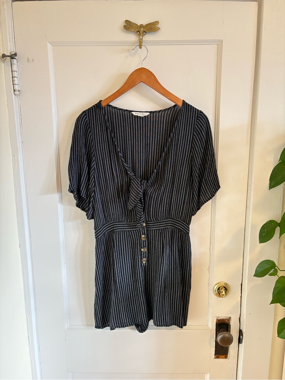American Eagle Black and White Striped Tie Front Short Romper Medium